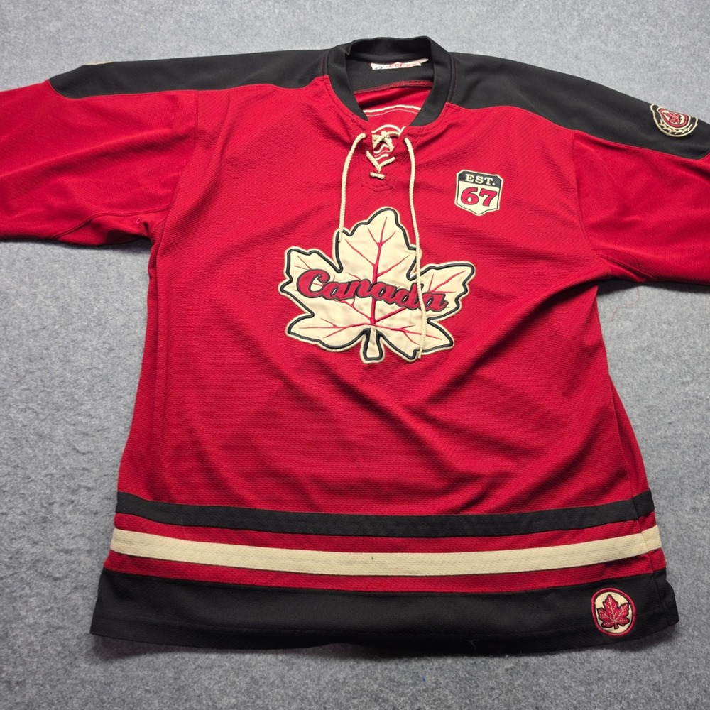 Teepee Sports Canada Hockey Jersey Mens L Red Black Lace Up Embroidered Patch